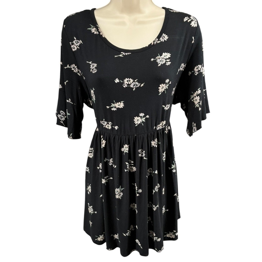 Black Floral Babydoll Top Stretch Empire Waist Maternity Friendly‎ Size Large